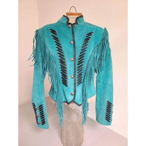 Vtg Cripple Creek Western Boho Fringe Leather Jacket MEDIUM Cowgirl Rodeo Blue M - Picture 5 of 9
